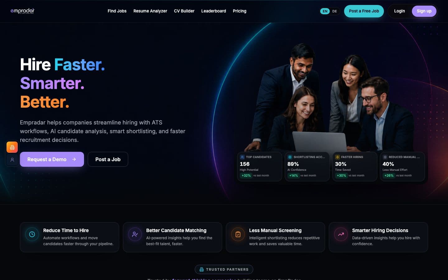 The EmpRadar homepage: Hire faster, smarter, better, with the hiring team and live shortlist stats